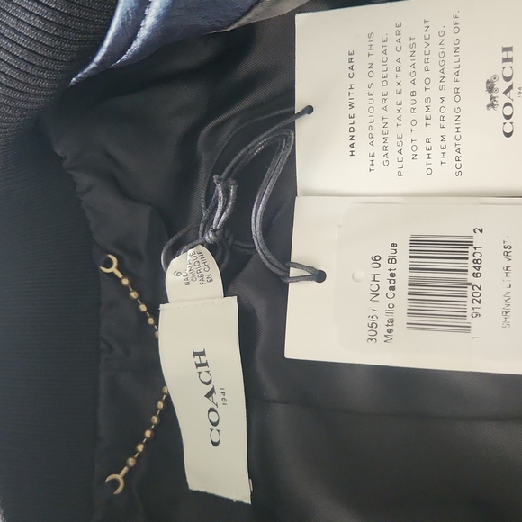 NWT Coach Shrunken Leather Varsity Jacket In Metallic Cadet Blue - Picture 12 of 17